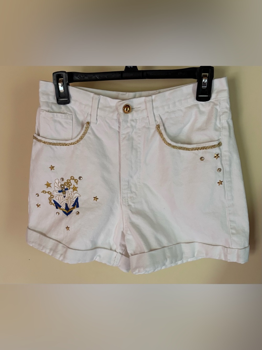 VTG THE LA COSTA SPA High Waist White Denim Cuffed Shorts Embroidery Bling Sz 10